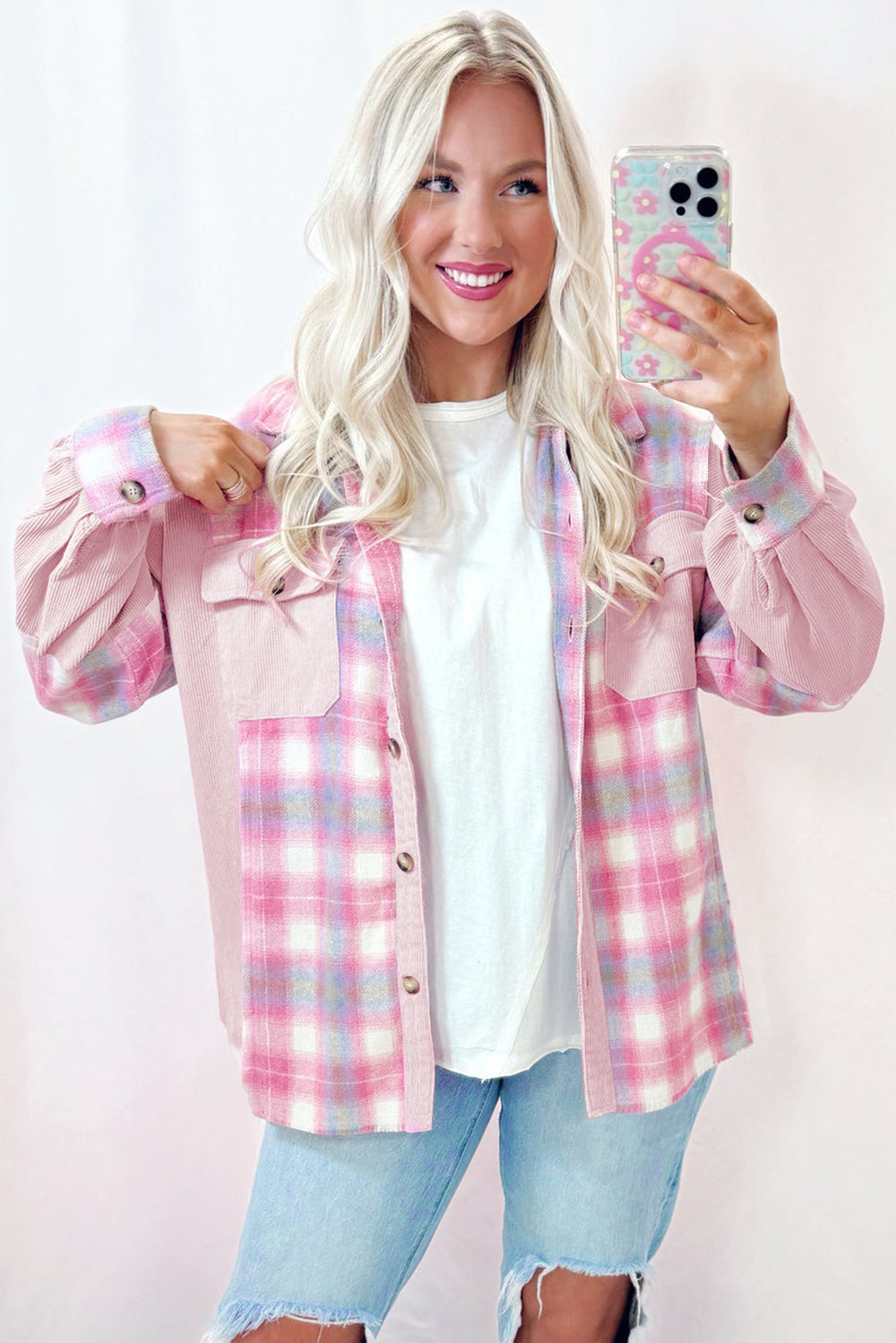 Pink Brushed Plaid Corduroy Flap Pockets Patchwork Shacket