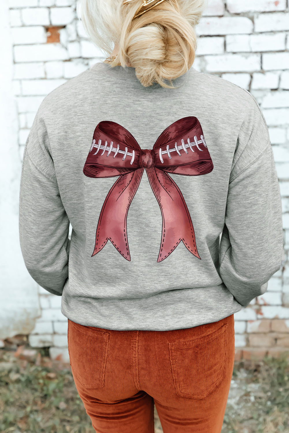 Gray Football Bow Print Drop Shoulder Pullover Sweatshirt
