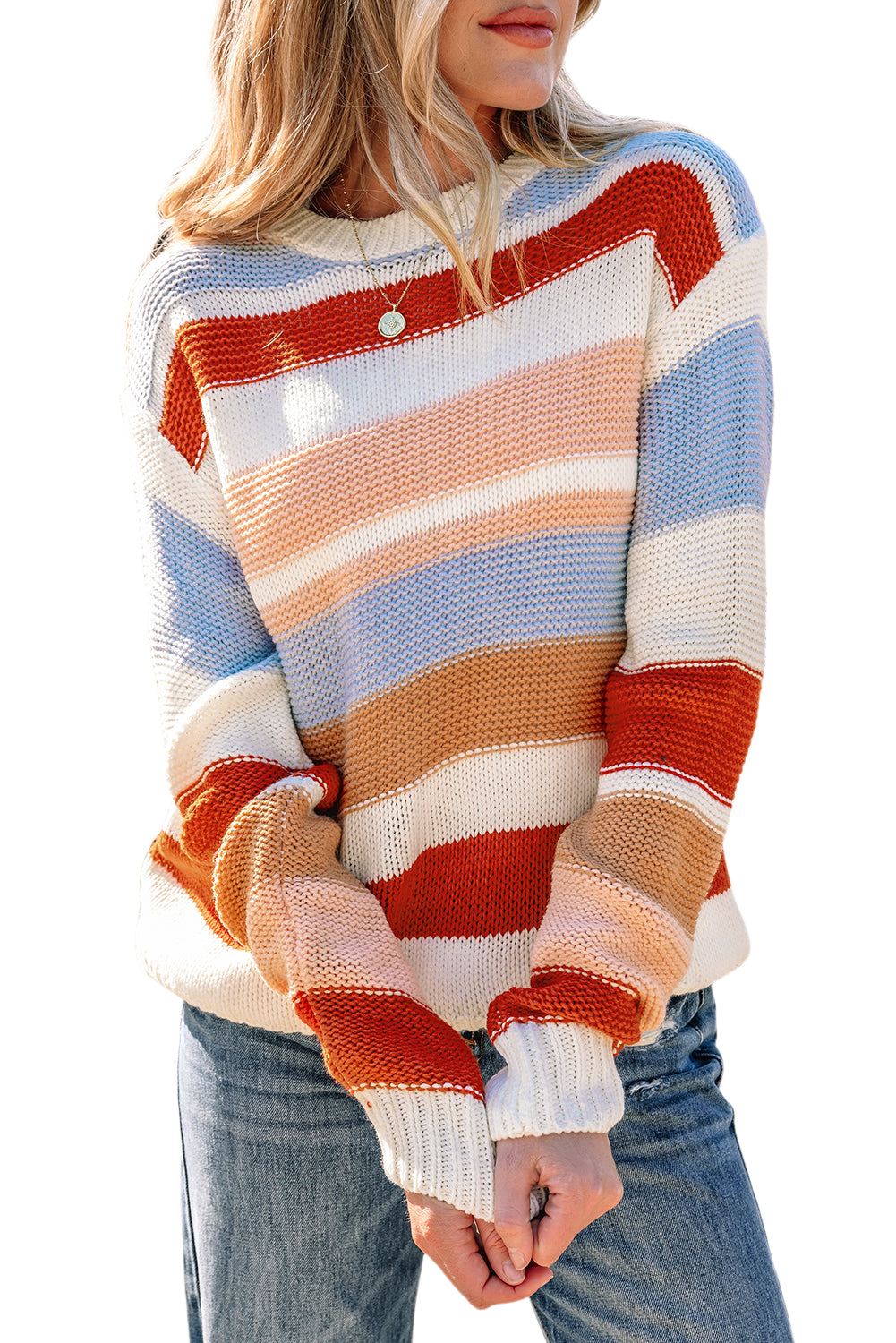 Pink Striped Colorblock Round Neck Drop Shoulder Sweater