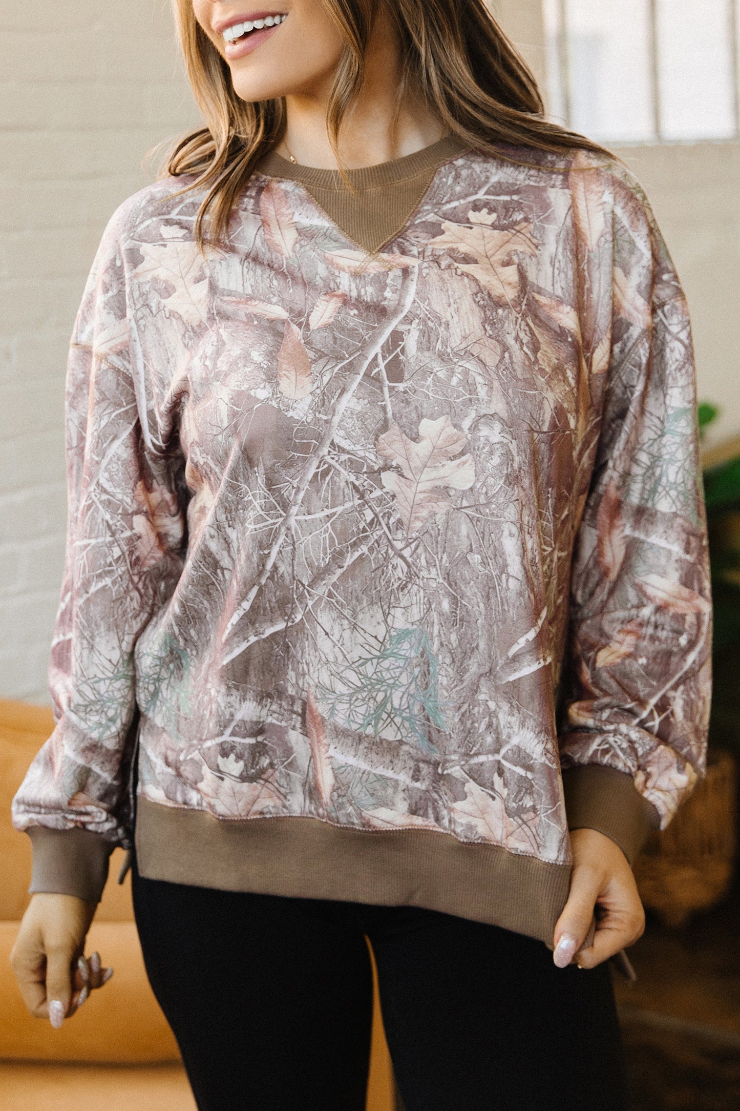 Brown Abstract Camo Print Color Block Detail Baggy Pullover Sweatshirt