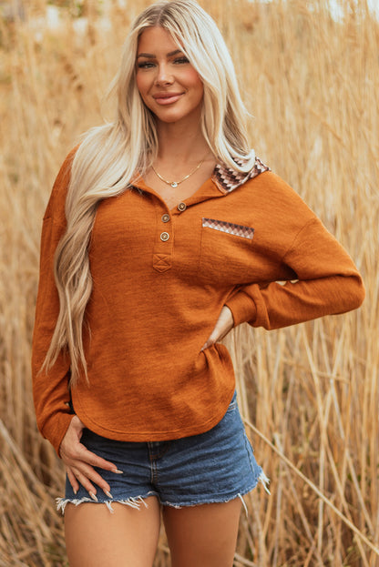 Straw Yellow Contrast Plaid Hood Patchwork Chest Pocket Henley Top