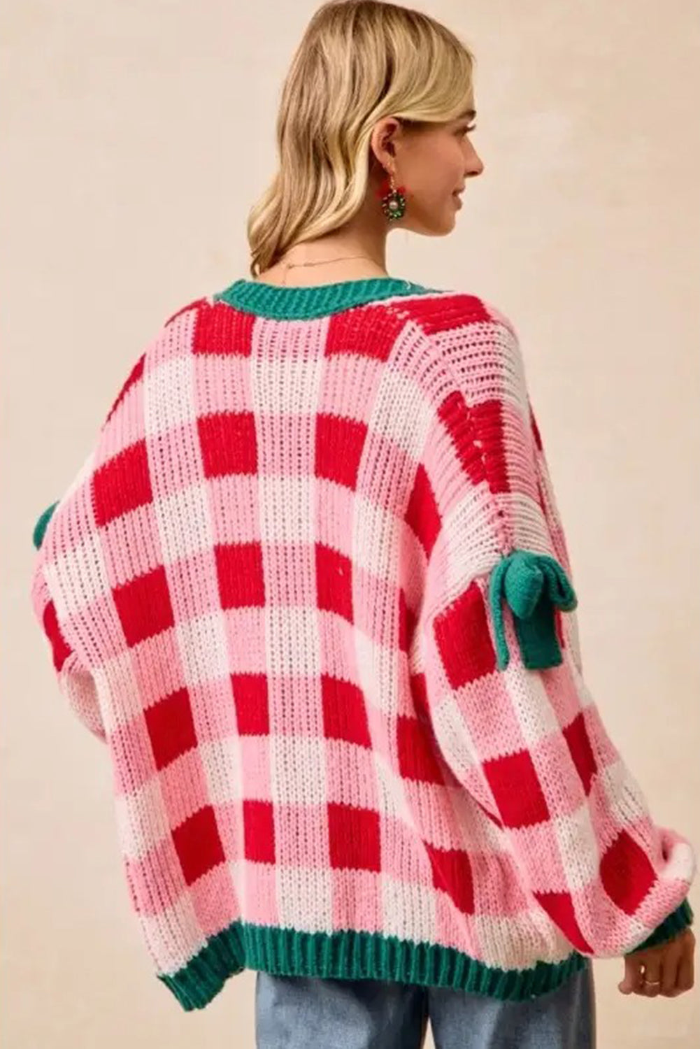 Pink Plaid Knit Bow Knot Decor Open Front Sweater Cardigan
