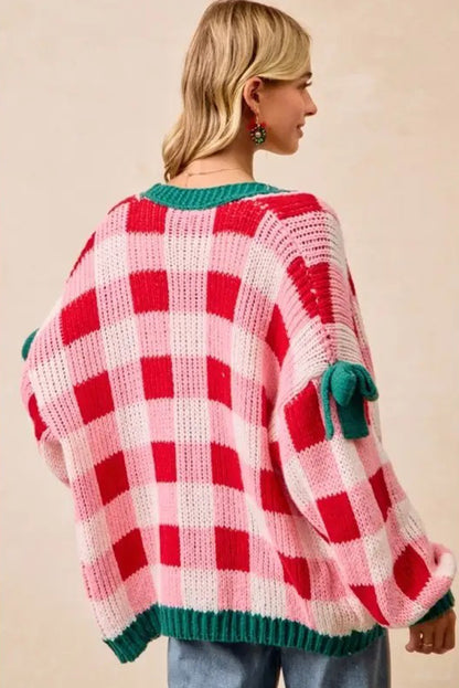 Pink Plaid Knit Bow Knot Decor Open Front Sweater Cardigan