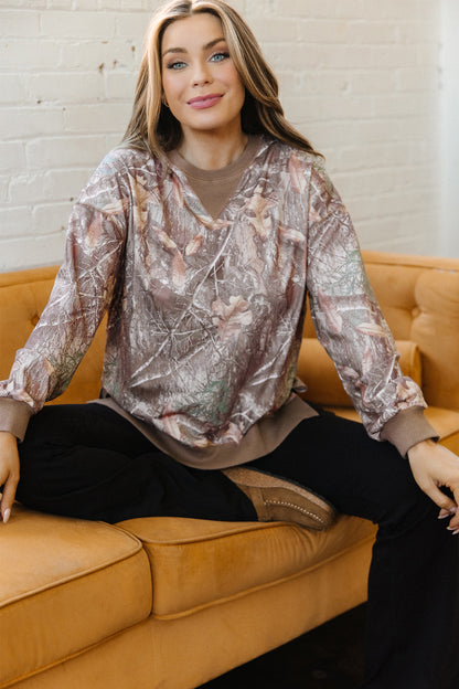 Brown Abstract Camo Print Color Block Detail Baggy Pullover Sweatshirt