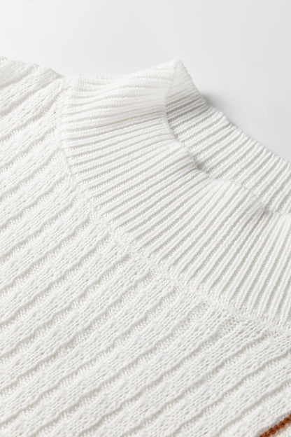 White Mix Texture Patchwork Contrast Stitch Mock Neck Sweater