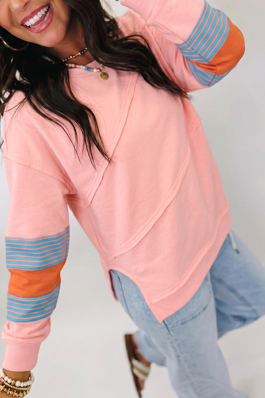 Pink Colorblock Striped Patchwork Raw Detail Long Sleeve Top