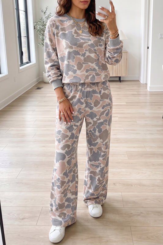 Multicolour Camouflage Print Long Sleeve Top Loose 2pcs Pants Set
