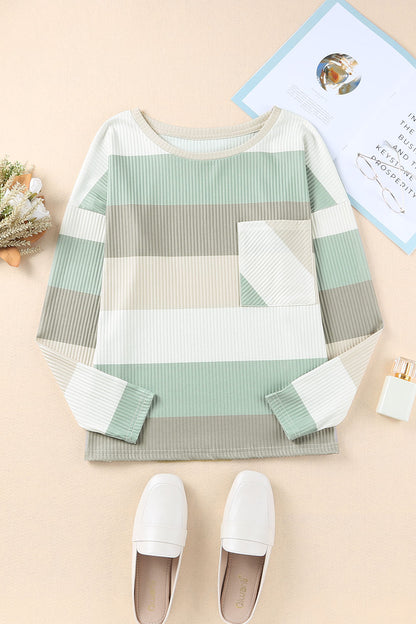 Green Color Block Ribbed Long Sleeve Top with Pocket