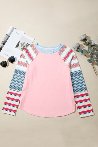 Pink Color Block Round Neck Exposed Seam Patchwork Striped Long Sleeve Top