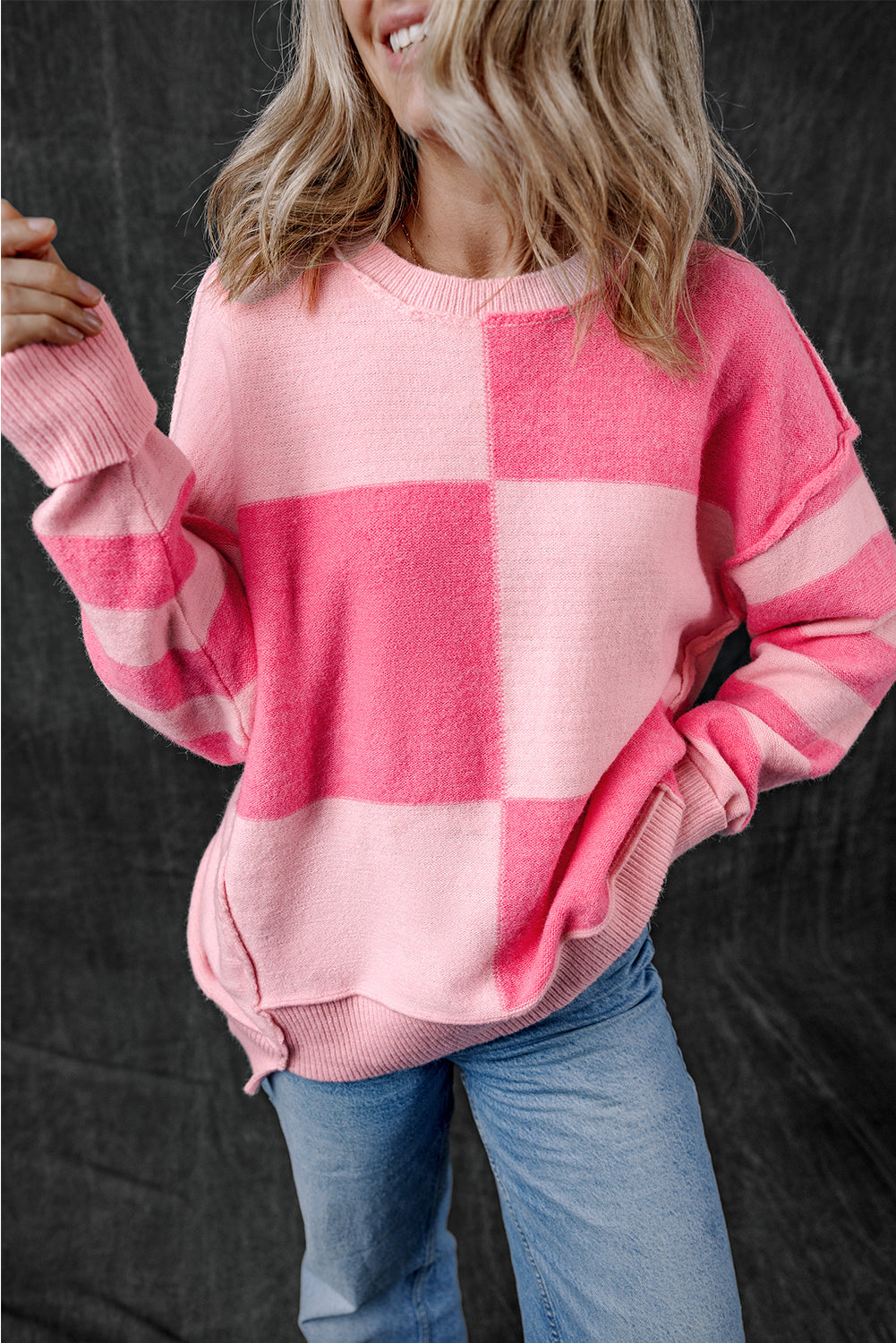 Pink Checkered Colorblock Striped High Low Loose Sweater