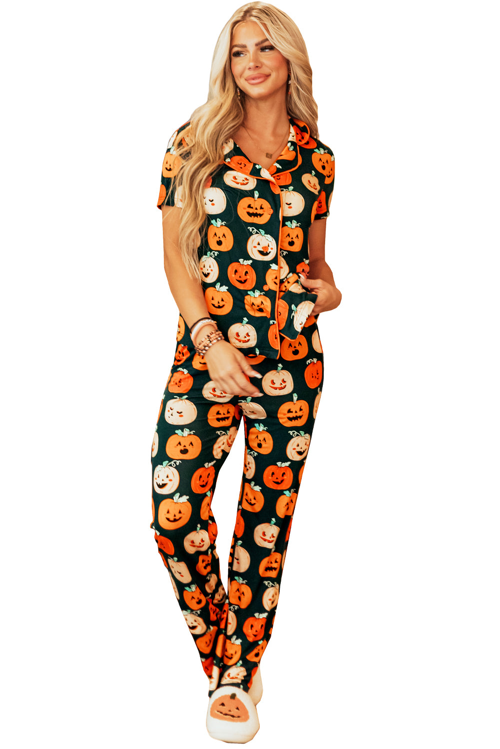 Orange Halloween Pattern Short Sleeve Shirt Pajama Set