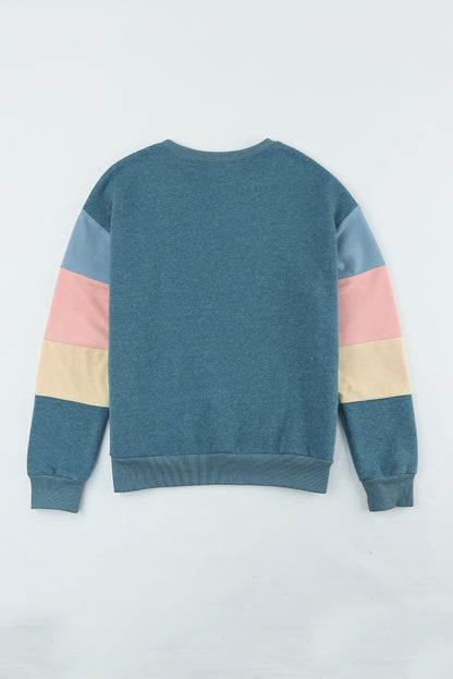 Blue Colorblock Long Sleeve Pullover Sweatshirt