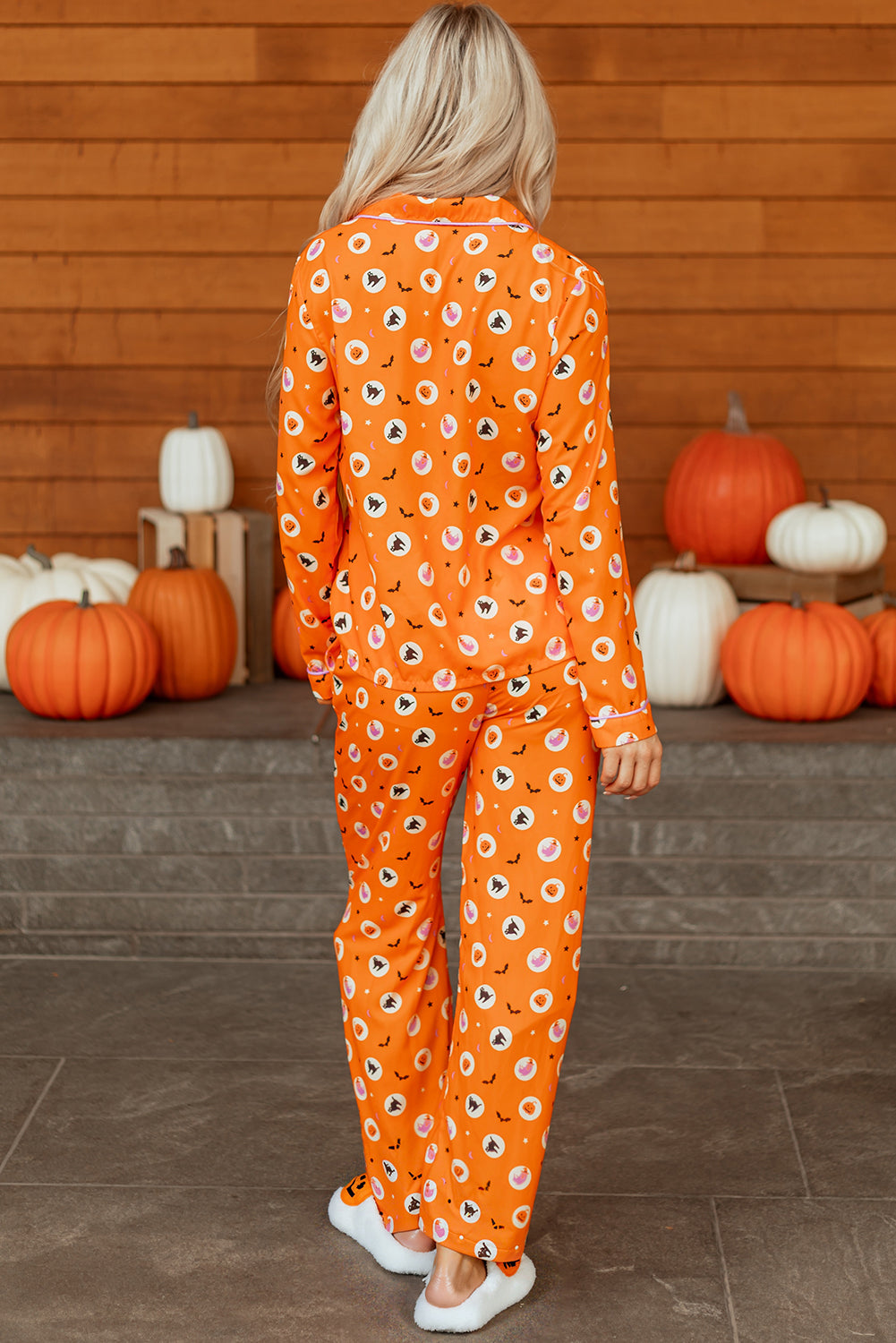 Orange Halloween Print Lapel Shirt Long 2pcs Pajama Set