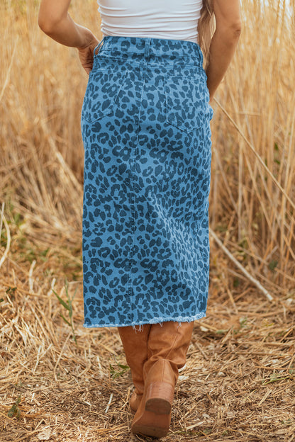 Sky Blue Leopard Denim Frayed Split Denim Midi Skirt