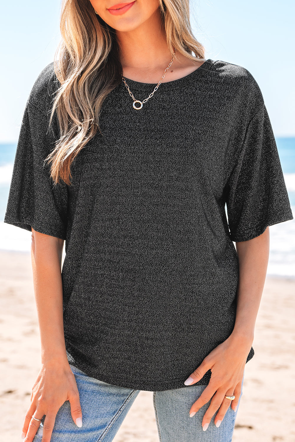 Black Bow Decor Glittery Short Sleeve Top