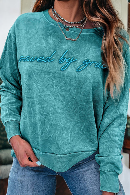 Sea Green saved by grace Letter Embroidery Mineral Wash Loose Sweatshirt