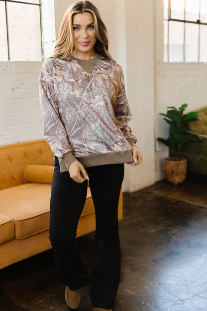 Brown Abstract Camo Print Color Block Detail Baggy Pullover Sweatshirt