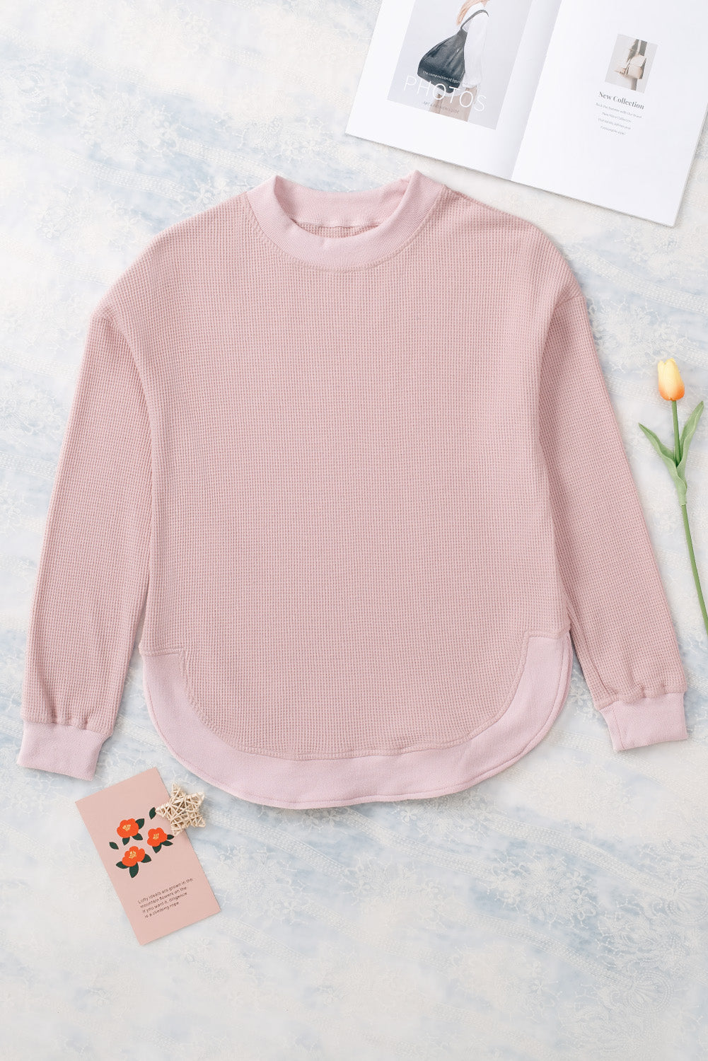 Pink Crew Neck Ribbed Trim Waffle Knit Top