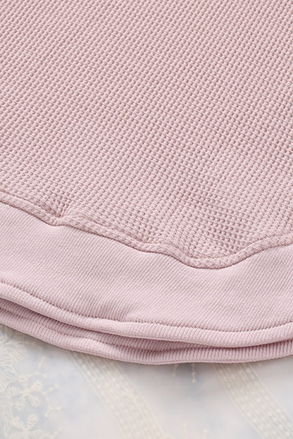 Pink Crew Neck Ribbed Trim Waffle Knit Top