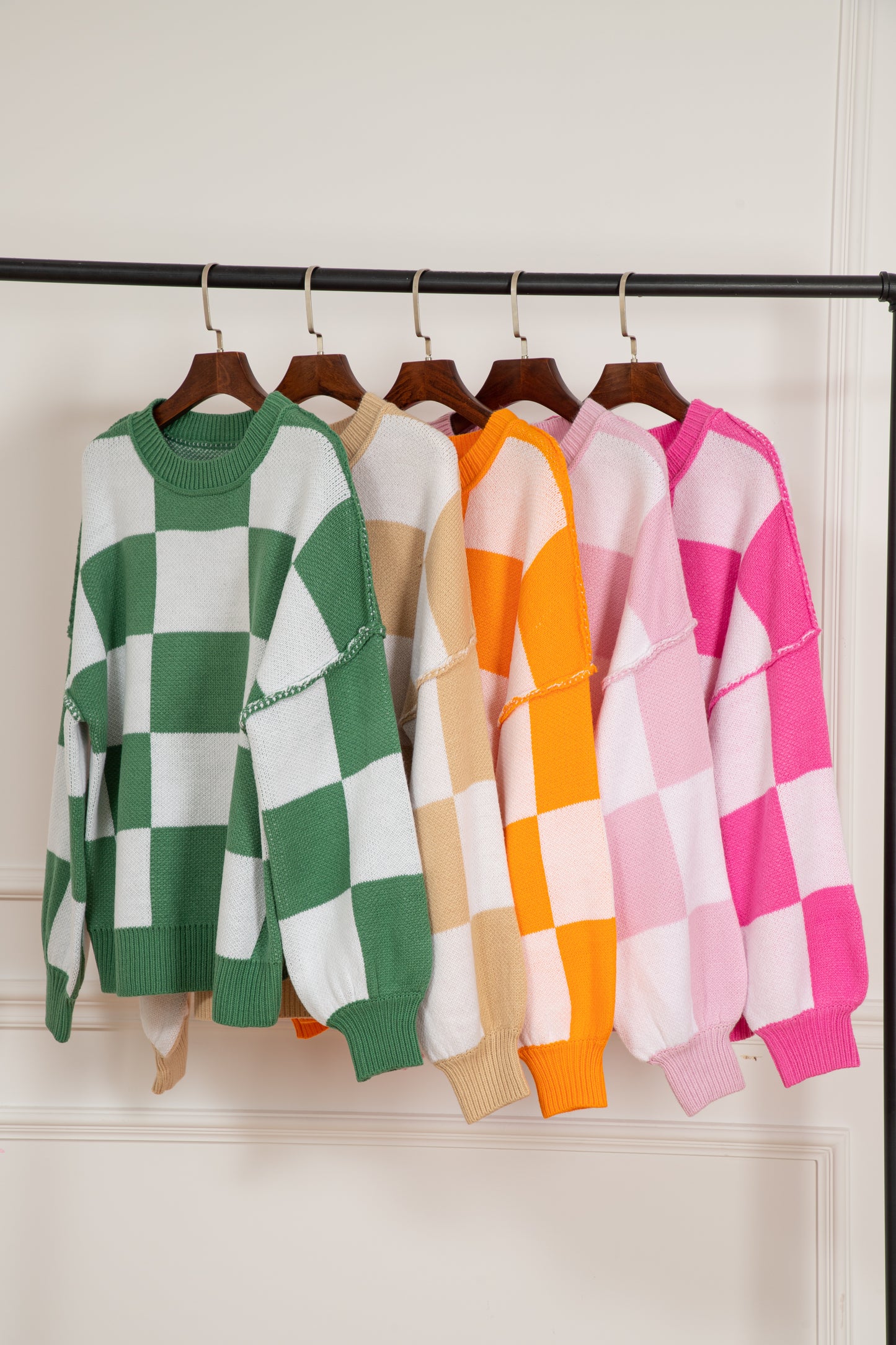 Pink Checkered Bishop Sleeve Sweater