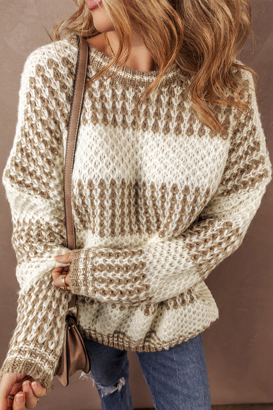 Brown Stripe Drop Shoulder Round Neck Loose Sweater