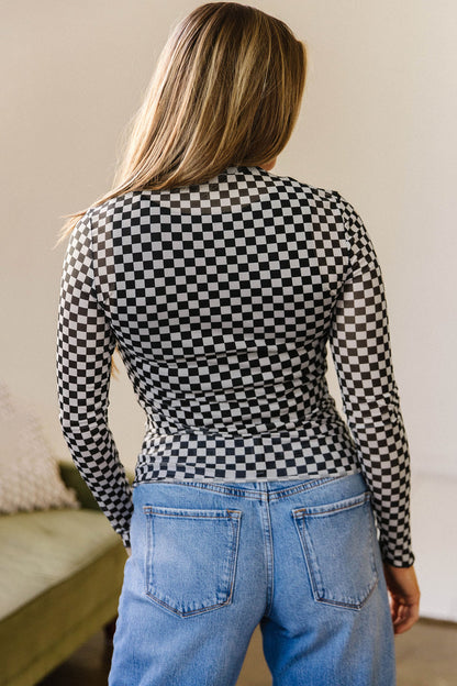 Black Plaid Stand Neck Long Sleeve Mesh Top