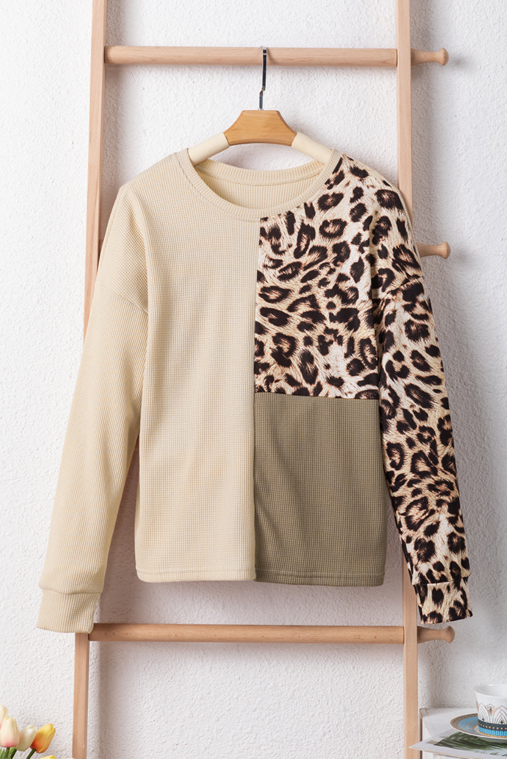 Pale Khaki Leopard Colorblock Waffle Knit Top