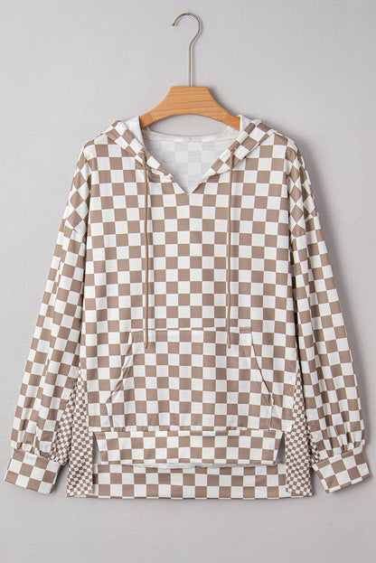 Khaki Double Checkered Patchwork Tie Neck Oversize Hoodie