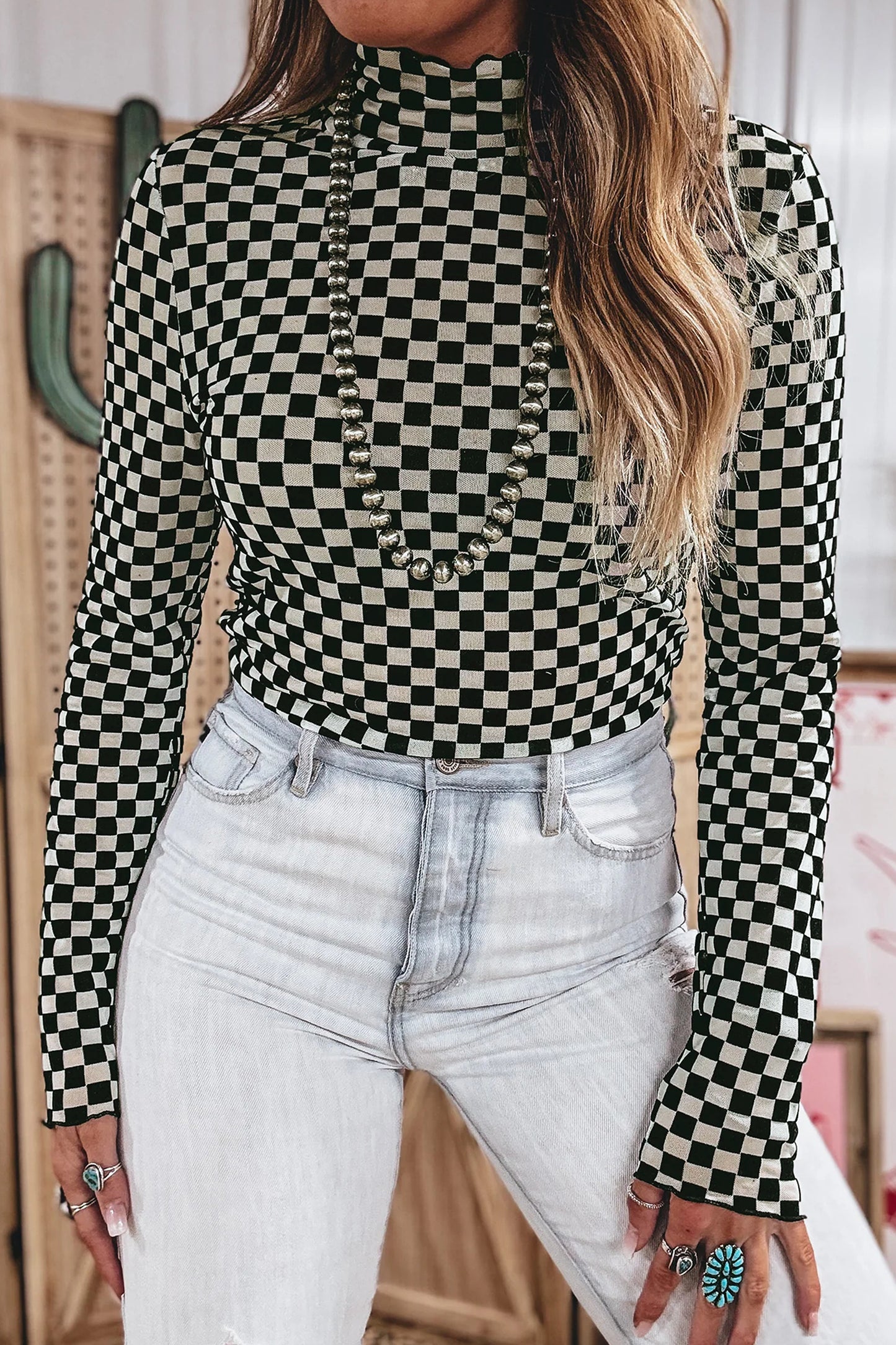 Black Plaid Stand Neck Long Sleeve Mesh Top