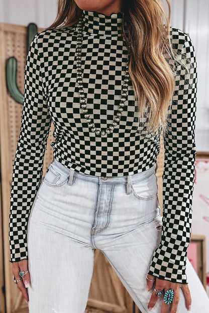 Black Plaid Stand Neck Long Sleeve Mesh Top
