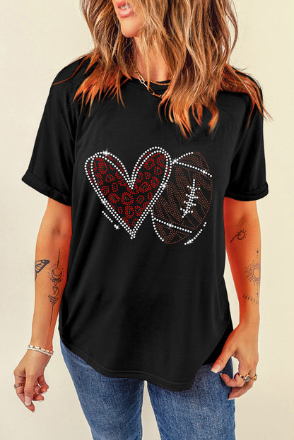 Black Rhinestone Rugby Football Heart Shape Graphic T Shirt