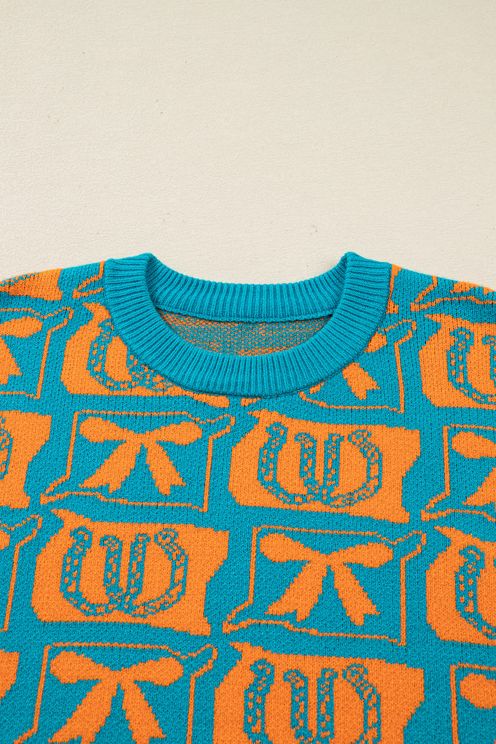 Light Blue Bows & Horseshoes Pattern Western Fashion Print Sweater