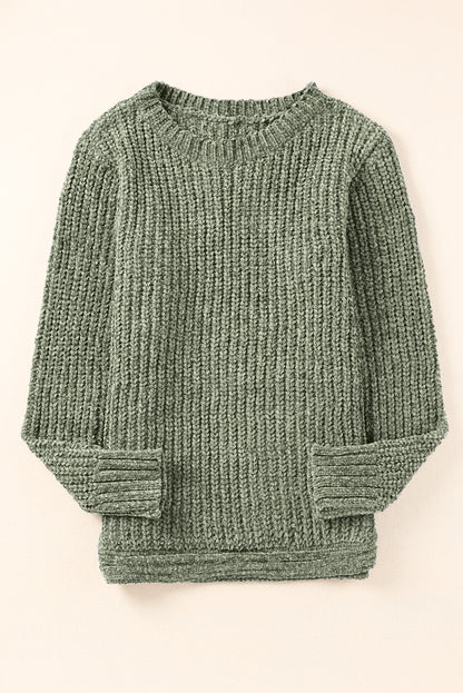 Green Long Sleeve Round Hem Cable Knit Sweater