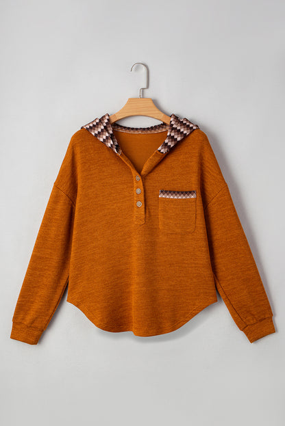 Straw Yellow Contrast Plaid Hood Patchwork Chest Pocket Henley Top