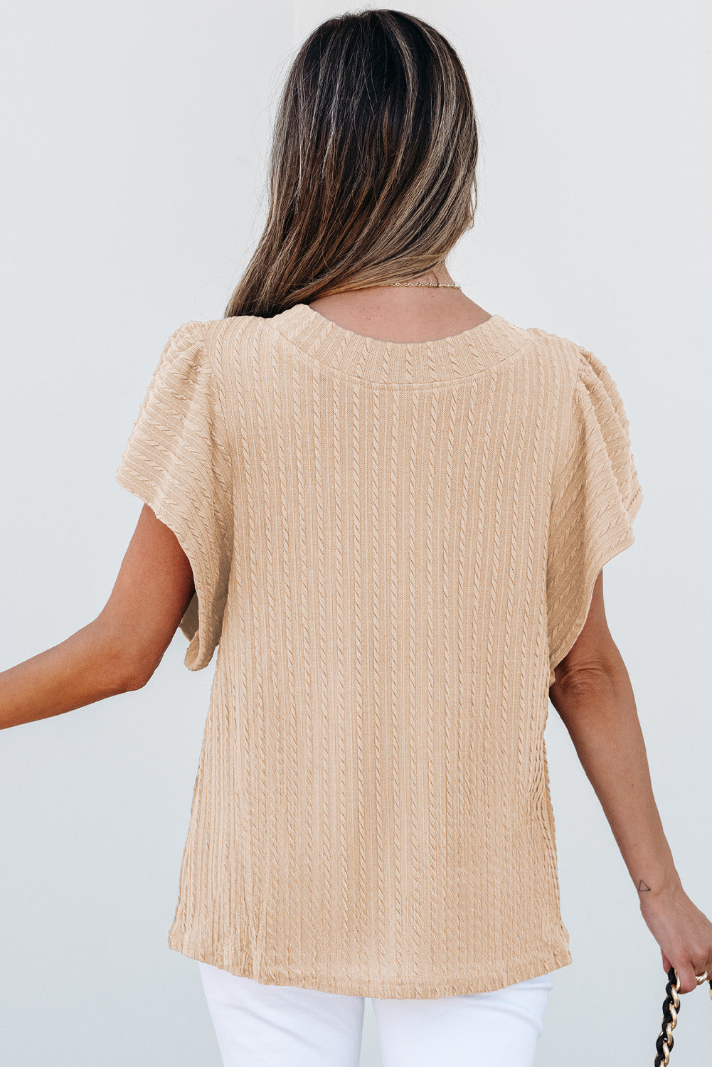 Beige Solid Color Textured Flutter Sleeve Top
