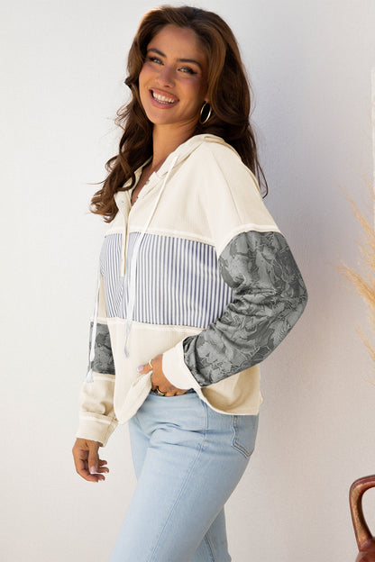 White Waffle Printed Patchwork Drawstring Hooded Long Sleeve Top