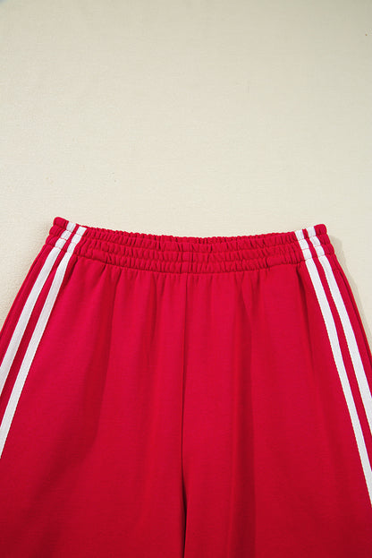 Fiery Red Varsity Striped Detail Crewneck Pullover Elastic Sweatpants 2pcs Outfit