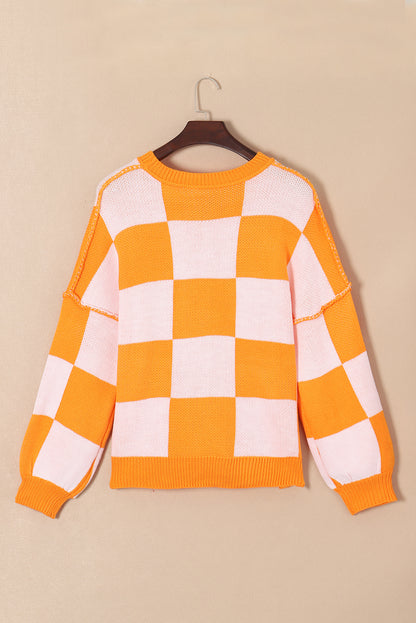 Orange Checkered Bishop Sleeve Sweater