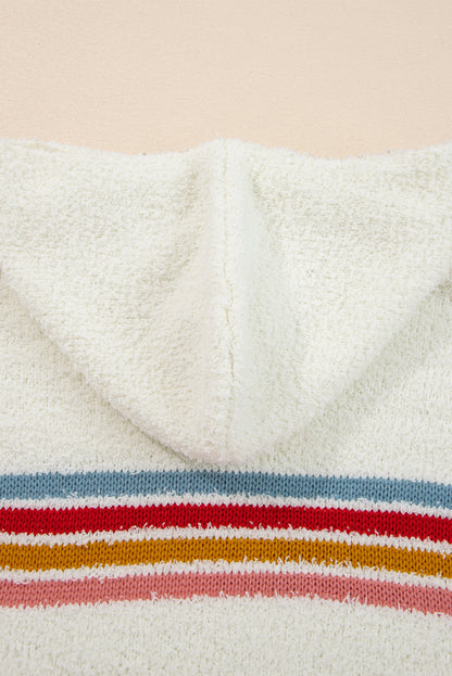 White Multicolored Striped Accent Hooded Popcorn Sweater