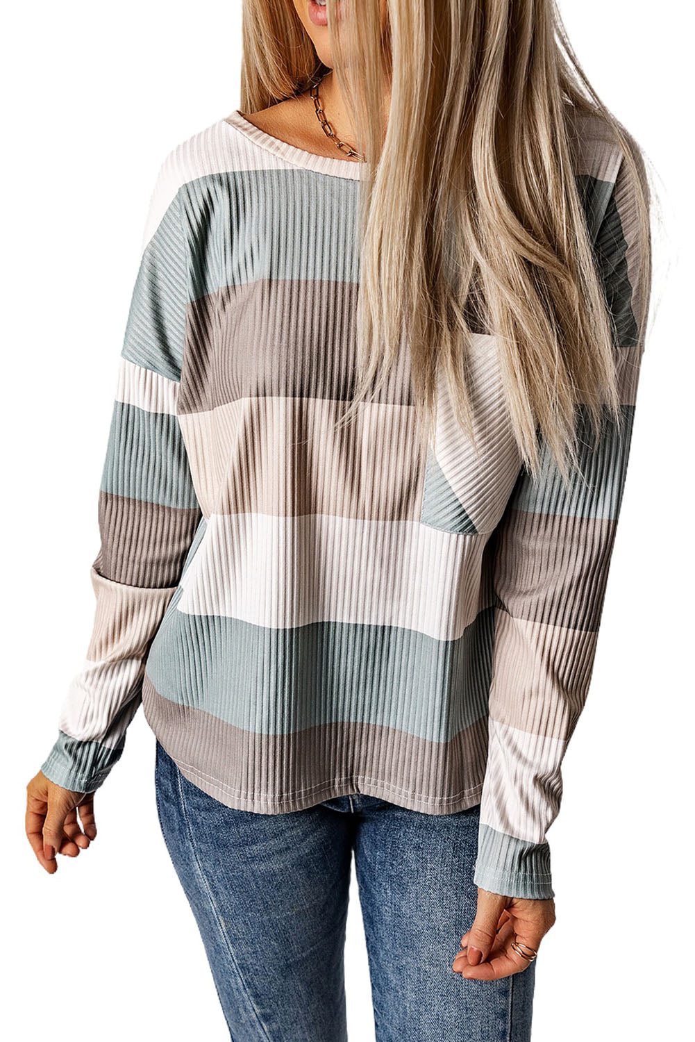 Green Color Block Ribbed Long Sleeve Top with Pocket