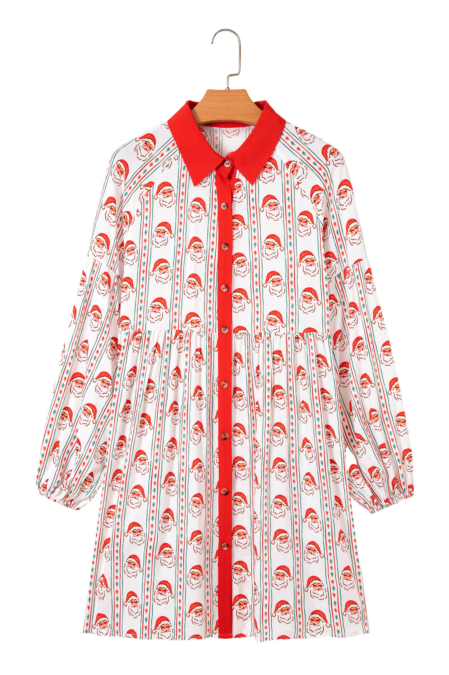 White Father Christmas Contrast Collar Button Front Long Sleeve A-line Mini Dress