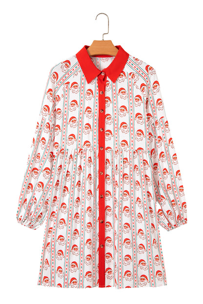 White Father Christmas Contrast Collar Button Front Long Sleeve A-line Mini Dress