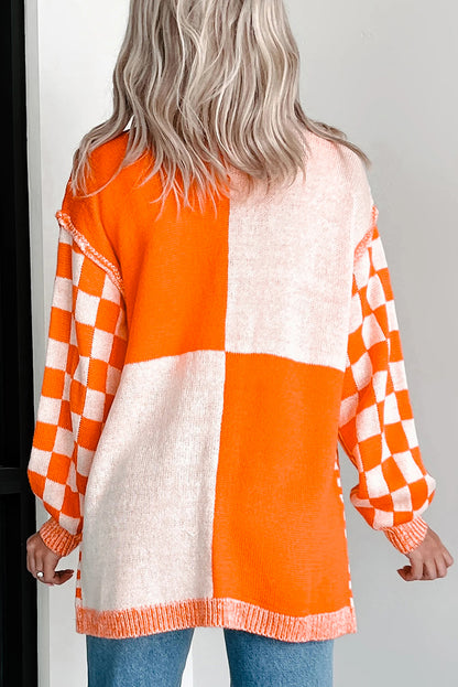 Orange Checkered Bubble Sleeve Drop Shoulder Open Cardigan