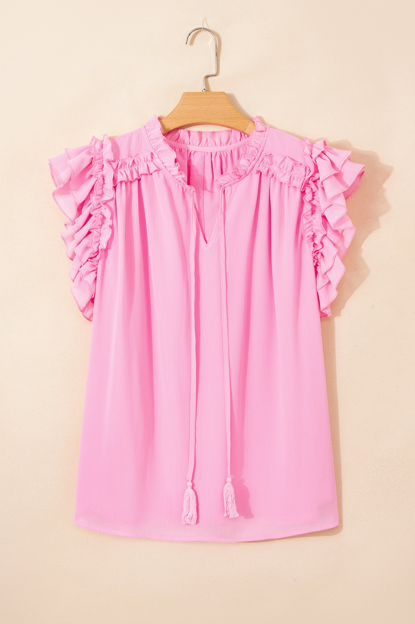 Bonbon Plus Size Textured Tassel Tie V Neck Ruffle Short Sleeve Blouse