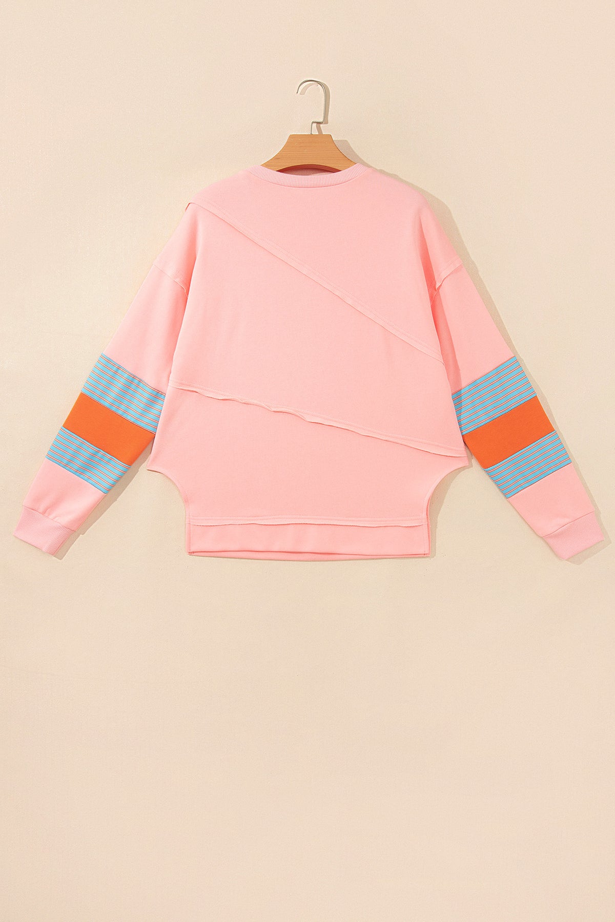 Pink Colorblock Striped Patchwork Raw Detail Long Sleeve Top