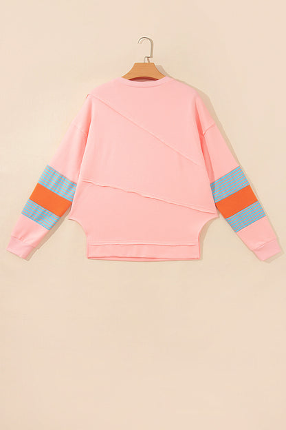 Pink Colorblock Striped Patchwork Raw Detail Long Sleeve Top