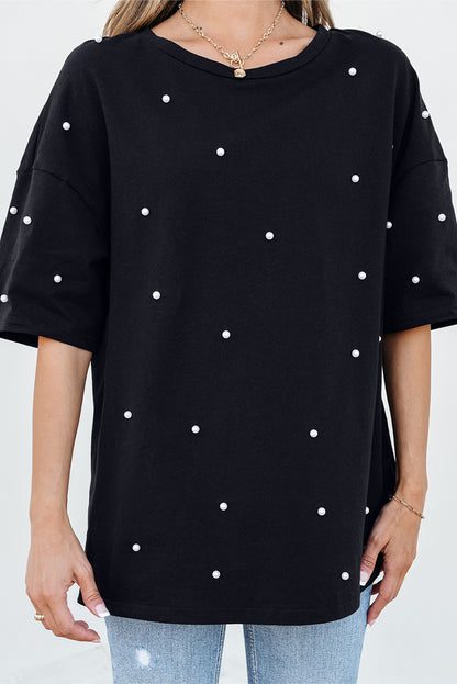 Black Pearl Beaded Drop Shoulder Crewneck T Shirt