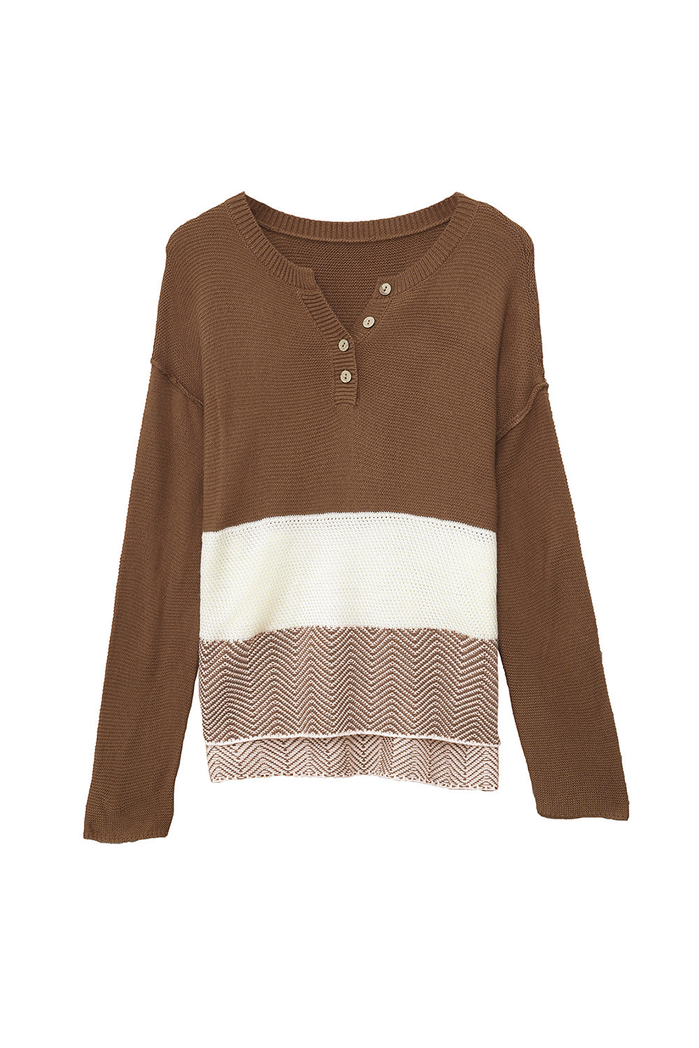 Brown Splicing Buttoned Knitted Long Sleeve Sweater