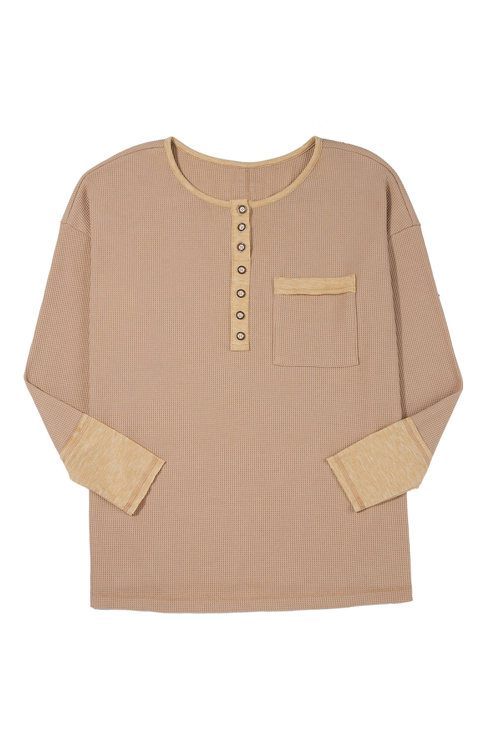 Dark Khaki Color Block Waffle Textured Tunic Henley Top with Slits