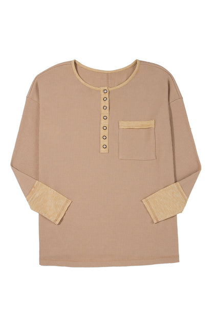 Dark Khaki Color Block Waffle Textured Tunic Henley Top with Slits